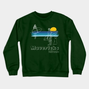 Mavericks California surf guy and girl with dog surfing line art Crewneck Sweatshirt